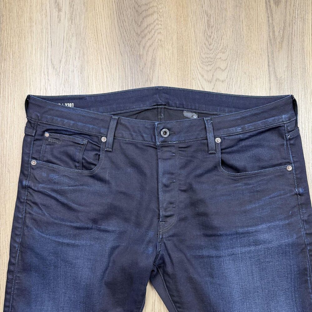 G-Star RAW 3301 Slim Jeans Mens 40x32 Blue Dark Wash Denim Straight Leg Pants - Picture 2 of 11